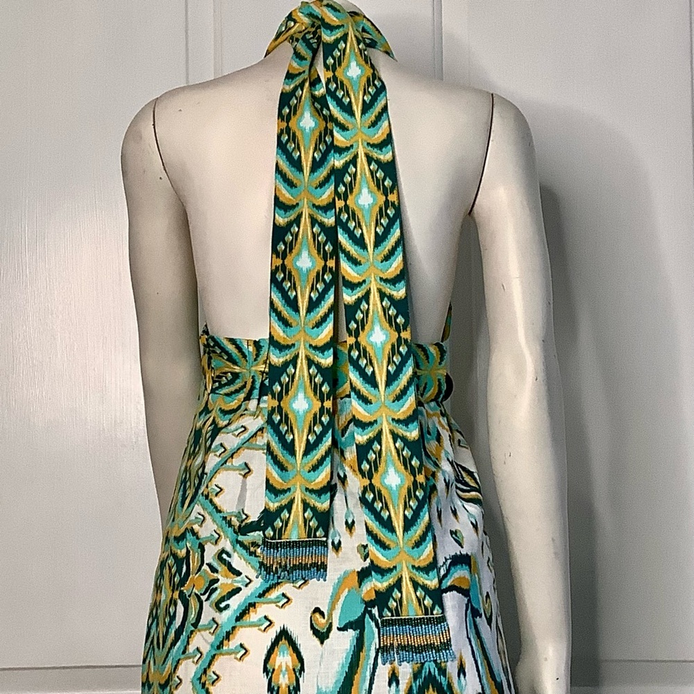 FARM RIO Blue/Greens & Cream Beads Tropical Tapestry Linen Halter Maxi Sundress - Picture 11 of 16